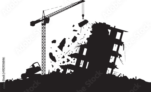 Black silhouette of building demolition with crane 1