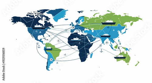 A colorful world map with connecting lines and labeled regions on a plain white background, illustrating global connections.