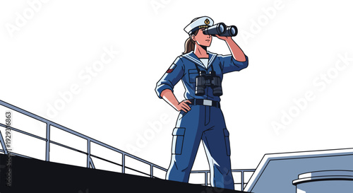 A female sailor in a blue uniform and white hat stands on a ship's deck looking through binoculars with a railing in the background.
