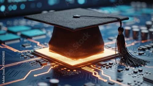 Graduation cap on computer chip symbolic of digital education and technological knowledge acquisition