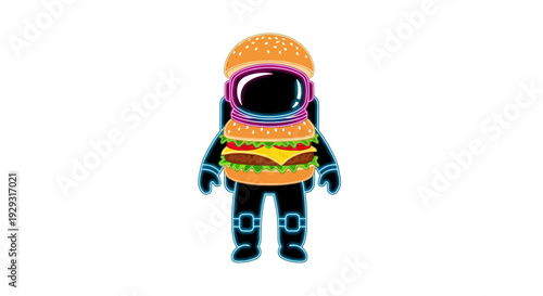 Colorful astronaut wearing hamburger suit.