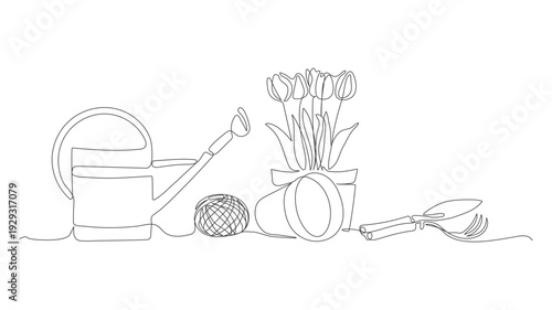 A garden set drawn with a single continuous black line on a white background. Line art. A watering can, a coil of rope, an empty pot, a pot of tulips, a garden trowel, and a hand cultivator.