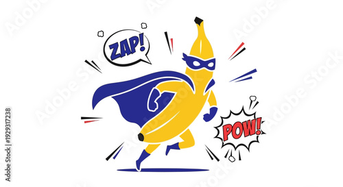 Superhero banana in blue cape.