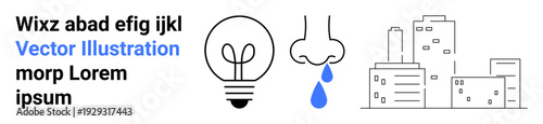 Innovation, health awareness, technology, urbanization, creative solutions, city life. A light bulb, dripping nose and buildings in a minimalistic design. Innovation and health awareness concept