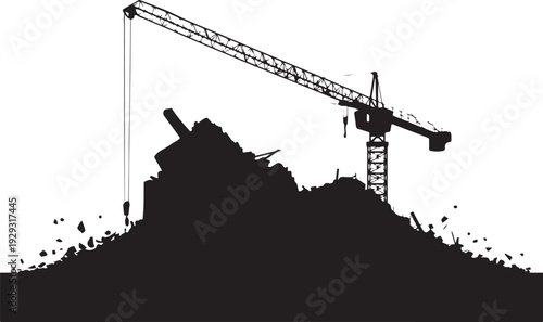 Black silhouette of construction crane and rubble