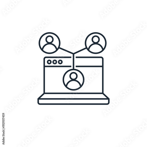 Virtual community. Interaction between people through digital devices.  Online communications platform. Vector linear icon illustration isolated on white background.