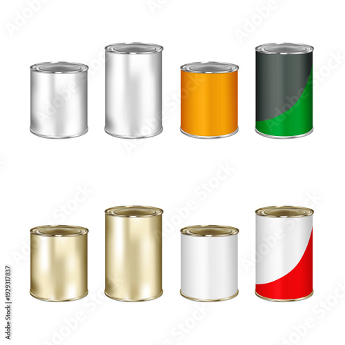 Blank round tin can. Silver, golden color. With and without label. Realistic 3d vector mockup set. Canned food metal cylinder container packaging. Easy editable mock-up. Template for design