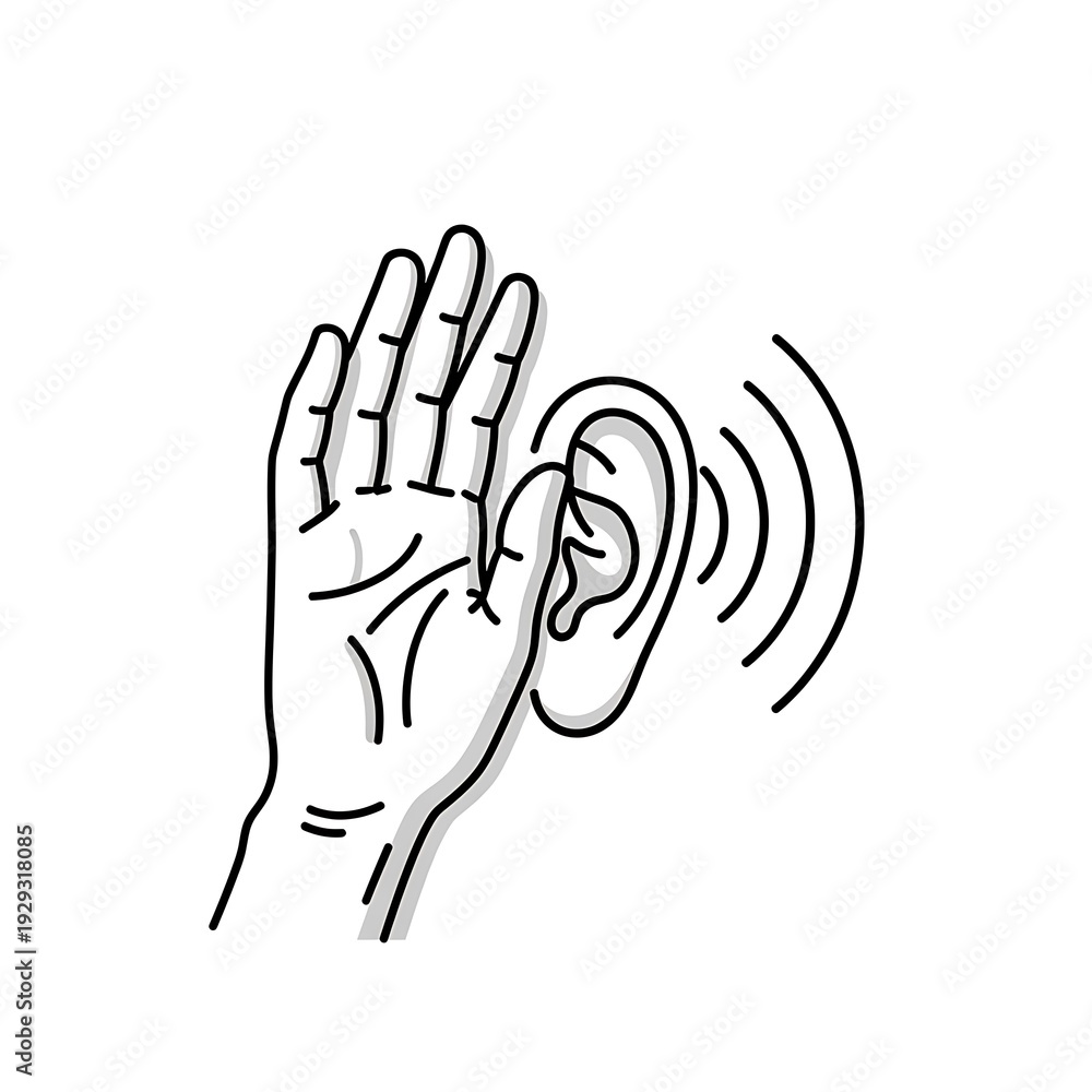 Fototapeta premium Hand Touching Ear Listening Sound Waves Illustration.