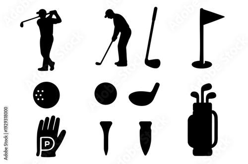 Golf silhouettes depicting various actions and equipment on a transparent background