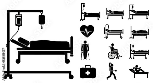 Medical icons set including hospital bed and patient care symbols.