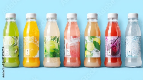 Colorful assorted fruit beverage bottles lined up on blue background showcasing refreshing drink packaging variety