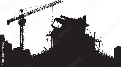 Black silhouette of construction site with crane and building demolition