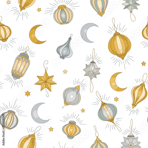 Hand Drawn Lanterns Stars and Crescent Moon.