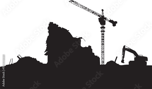 Black silhouette of construction site with crane and excavator