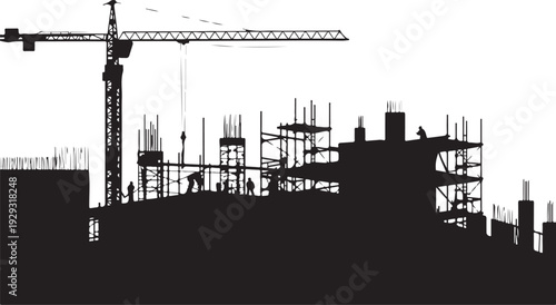 Black silhouette of construction site with crane and scaffolding