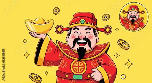 Chinese God of Wealth Caishen Holding Gold Ingot Vector Illustration