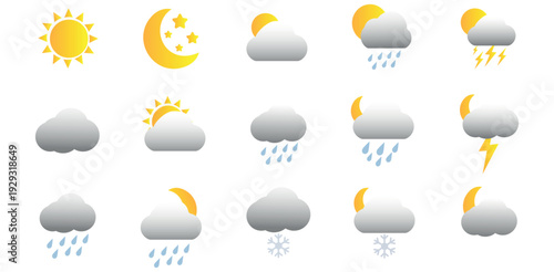 Weather icons forecast symbols sunshine moon stars clouds rain snow lightning storm forecast app digital graphics