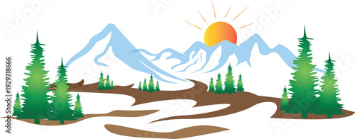 Beautiful mountain landscape with pine trees, river, and rising sun illustration/ evergreen forest and golden sun.