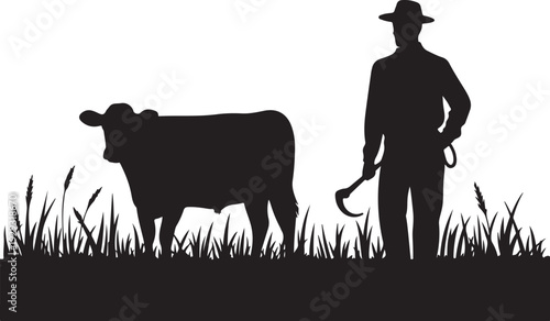 Black silhouette of cowboy standing with cow in grass
