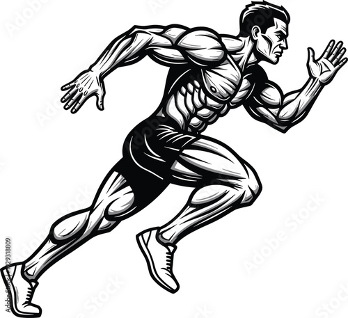 Muscular athlete running silhouette illustration, fitness training concept, bodybuilding anatomy art, speed power motion design, strength workout graphic