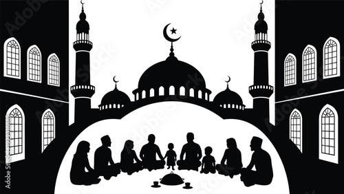 Muslim family iftar gathering silhouette illustration, Ramadan evening meal, mosque background, Islamic community dinner, crescent moon spirituality art vector design