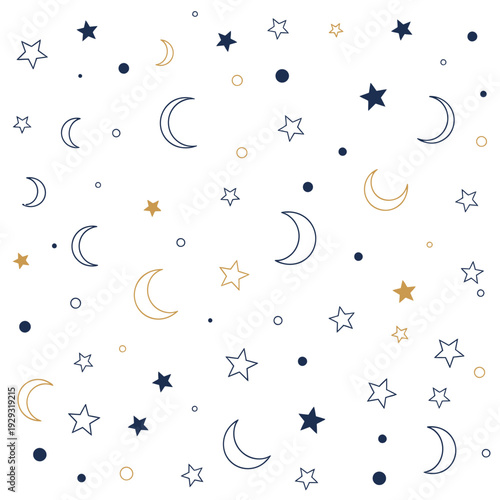 Stars and Moons Pattern on White Background.