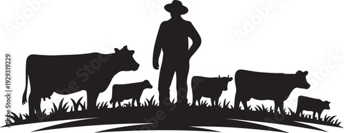 Black silhouette of cowboy with cattle cows calves