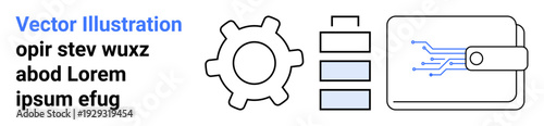 Technology, digital transactions, data processing, system mechanisms, financial solutions, electronic wallets. Technological line art digital wallet and gear. Technology and digital transactions