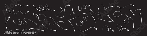 Whiteotted arrows. Doodle curves, dots, and wavy lines. Directional marks for travel maps and creative illustrations. Hand-drawn dash arrow collection with dashed lines,  curves, and circular swirls