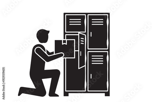 Delivery Man Putting Parcel in Self-Service Storage Locker Silhouette Vector
