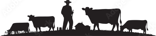 Black silhouette of cowboy with cattle on hill cows