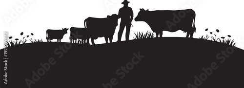 Black silhouette of cowboy with cattle on hill cows