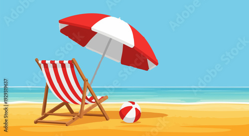 Red and White Striped Beach Chair and Umbrella on Sandy Beach Vector