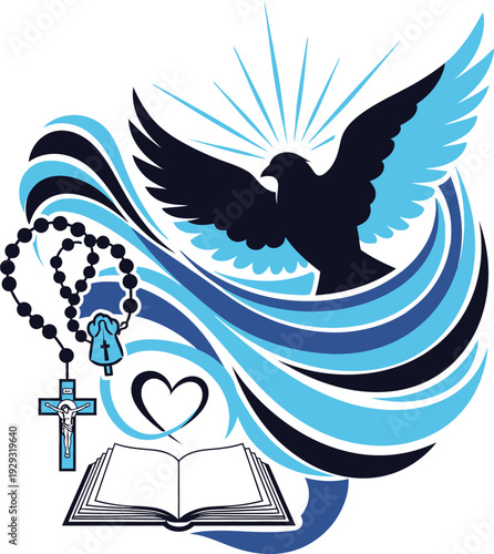 Dove flying over open bible with rosary beads and crucifix on transparent  background