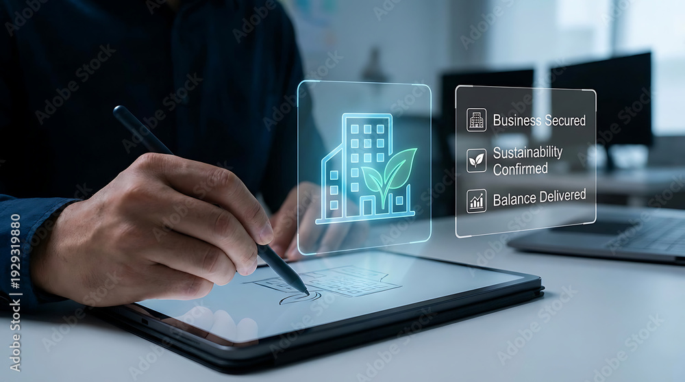 Fototapeta premium Man using stylus on tablet with holographic business interface sustainability concept on screen in office