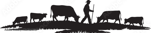 Black silhouette of cowherd with cattle on hill cows