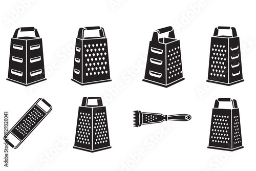 Set of Kitchen Cheese Grater Icons and Food Shredder Vector Silhouettes