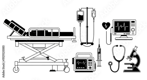 Medical equipment illustration showcasing hospital bed, IV drip, and monitoring devices.