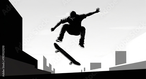 Silhouette of a skateboarder mid-air performing a trick with dynamic energy.