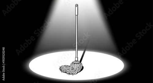 A spotlight shines on a mop, highlighting its cleaning purpose and design.
