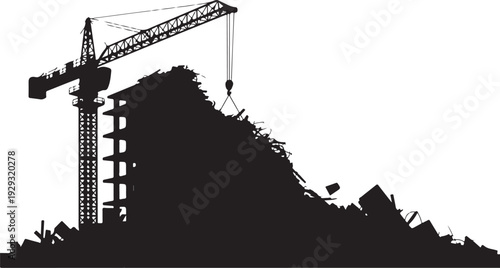 Black silhouette of crane demolishing building demolition
