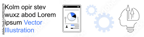 Data analysis, innovation strategy, business process, growth management, digital tools, and mobile reporting. Mobile dashboard with chart, gears and brain icon. Data analysis and innovation strategy