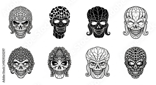Intricate black and white skull illustrations with detailed patterns and designs.