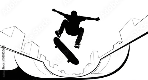 Silhouette of a skateboarder performing an aerial trick in a skatepark bowl, black and white.