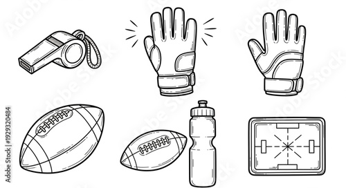 Sports equipment collection featuring footballs, gloves, whistle, and water bottle.