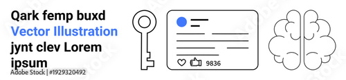 Digital security, identity verification, data access, creativity, authentication technologies, mental processes. Key, ID card with details brain outline. Digital security and identity verification