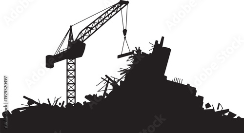 Black silhouette of crane demolishing building demolition