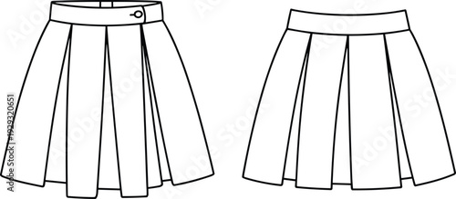 Pleated mini skirt with wrap belt and classic pleated mini skirt CAD drawing flat vector illustration, trendy women's casual fashion, youthful stylish garment 