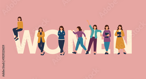 Flat vector illustration of diverse women celebrating women's day with 'women' text on a pink background.
