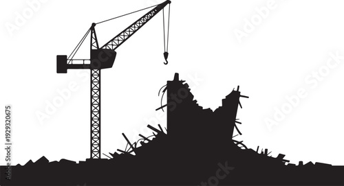 Black silhouette of crane demolishing building demolition